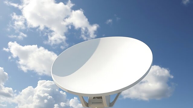 parabolic. Modern satellite dish reflecting fluffy white clouds in a blue sky. product launch decks, UI/UX mockups, designed for product launches and innovation pitches, highlights innovation.