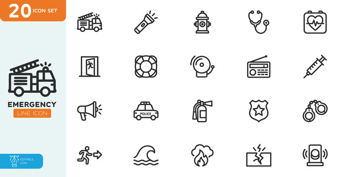 Emergency Editable Icons Set.  Creative Vector illustration in thin line style icons: accidents, natural disasters, rescue services, and emergency signals. collection on white background.