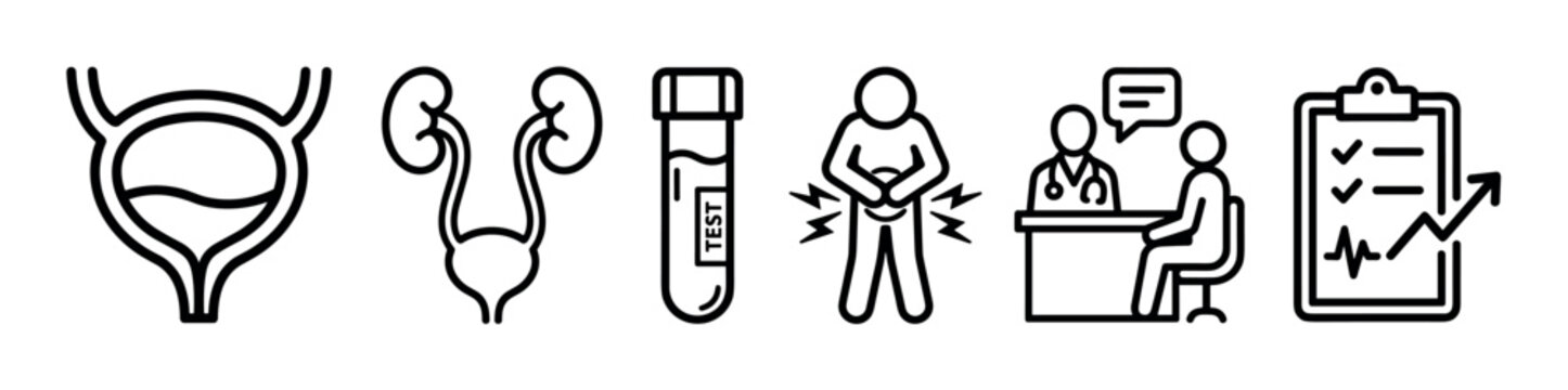 Set of black line icons for urology and nephrology, illustrating medical concepts like bladder anatomy, urine test, abdominal pain, doctor consultation, and health results chart