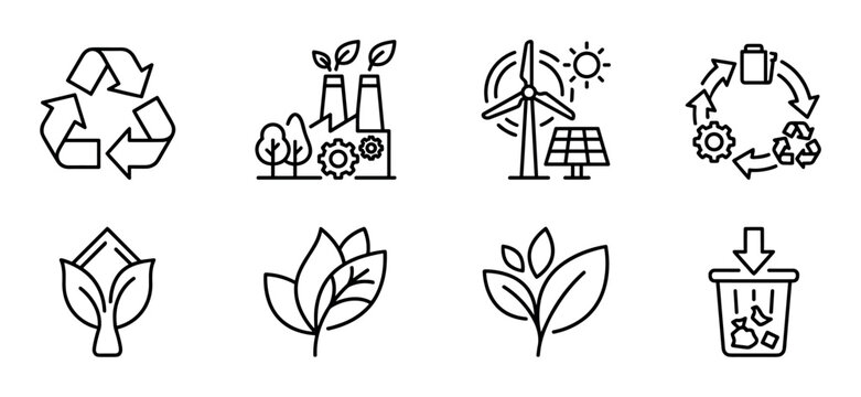 Eight distinct line art ecological icons illustrate concepts of recycling, renewable energy, sustainable industry, and waste management, presented in a clean, modern, and informative graphic style