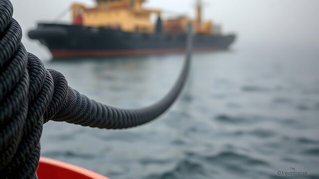 towline. A taut black towline connects a tugboat to a distant ship in morning mist. mobility guides, transit brochures, designed for mobility and urban transit guides, used by bi analysts.