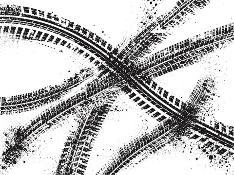 Abstract background with multiple intersecting black tire tracks and grunge details on white.