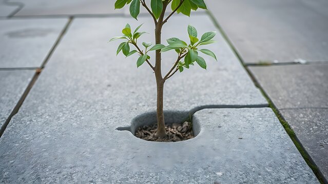 defiantly. Young tree growing through cracked concrete pavement in morning light. lifestyle magazines, social media lookbooks, designed for lifestyle magazines and social media content.