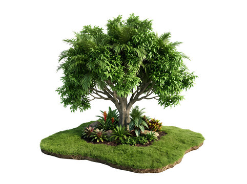Vibrant fiddle leaf fig tree standing on a patch of lush green grass with decorative smooth river stones and various tropical plants creating a beautiful natural garden design element for landscaping.