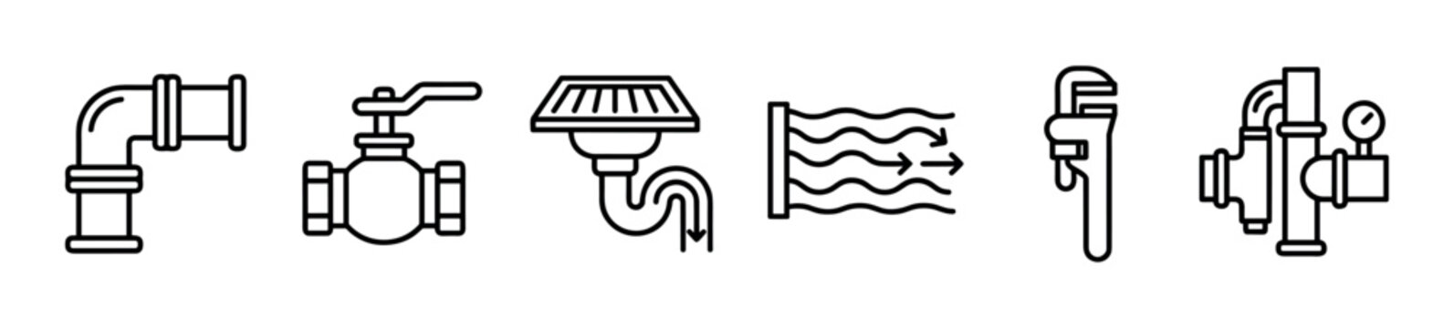 Plumbing and pipeline service line icon set showing a pipe fitting, valve, drain, water flow, wrench, and pressure gauge for repair and maintenance