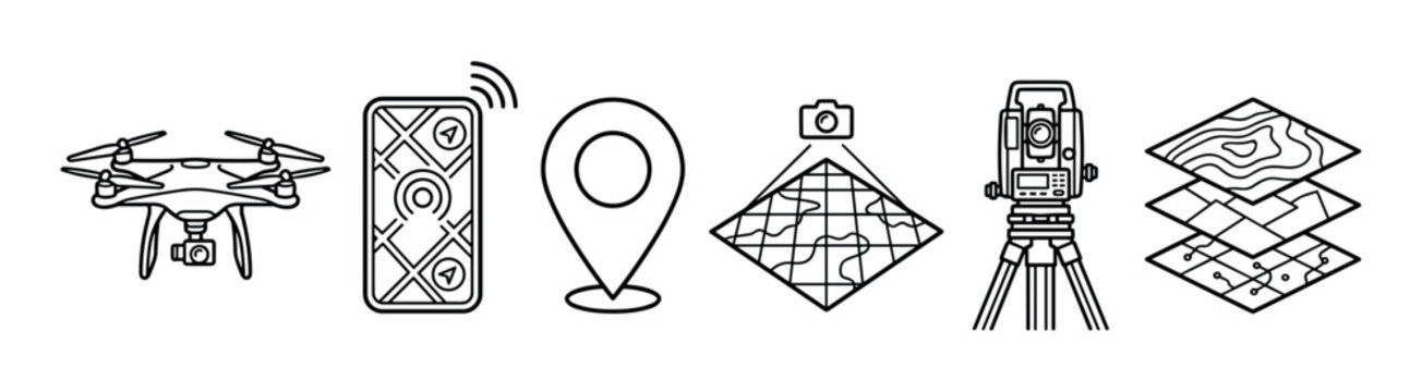 Geodesy and surveying line icon set featuring a drone, theodolite, map layers, location pin, and smartphone navigation for cartography and land measurement
