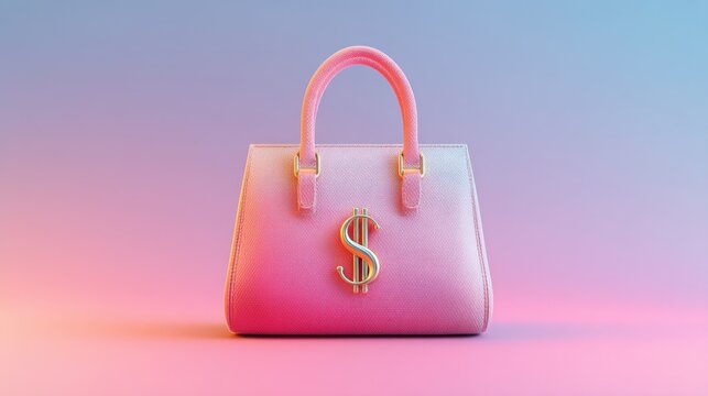 Elegant pink handbag with dollar sign emblem on a gradient background showcasing luxury and wealth in fashion design