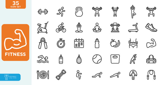 Fitness Line Editable Icons set. Creative Vector illustration of modern thin line style icons: types of physical activity, proper nutrition, and sports equipment. on white background.