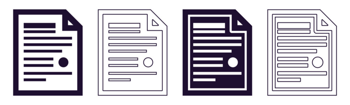 Set of four document file icons showing contract paper with signature stamp and text lines