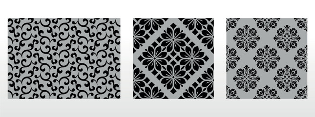 Naklejka premium Geometric floral set of seamless patterns. Gray and black vector backgrounds. Damask graphic ornaments