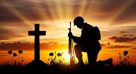 Silhouette of a soldier kneeling in prayer before a cross at sunset with poppies, honoring fallen heroes and military remembrance
