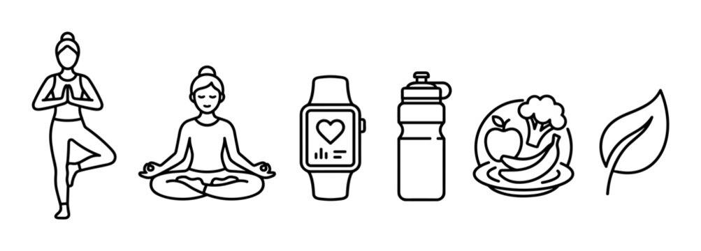 Healthy lifestyle line icon set with yoga, meditation, a fitness tracker, water bottle, and healthy food for wellness concepts, presented in a minimalist black and white outline style