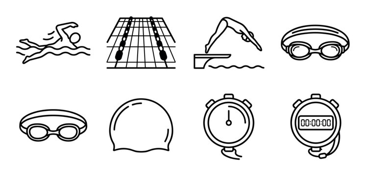 Set of black line art swimming icons showing a swimmer, pool, diver, goggles, cap, and stopwatches for sports and recreation concepts in a minimal outline style