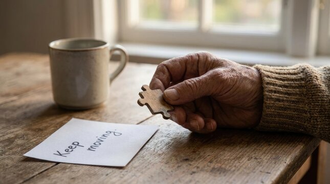 Elderly joint mobility: arthritis issue, arthrosis struggle, osteoarthritis condition, osteosis symptom, puzzle piece, wisdom hand, inspire note, wellness concept, physical therapy, activity maintain.