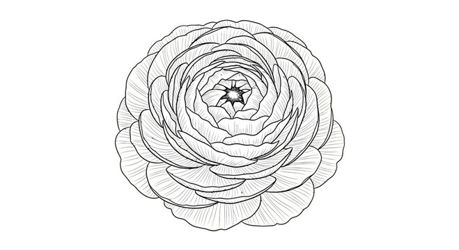 Detailed monochrome drawing of a beautiful ranunculus flower in full bloom.