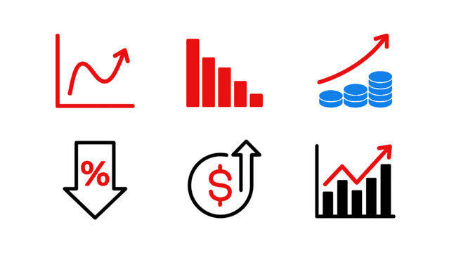 Set of icons with money, charts, and business performance symbols.