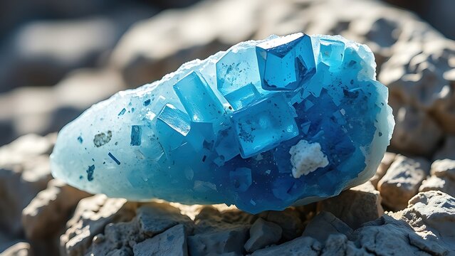 corundum. Raw blue corundum crystal on natural rock in daylight. STEM education sheets, lab safety posters, designed for STEM education and laboratory safety posters, used by data scientists.