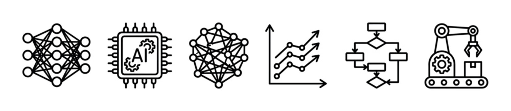 Collection of six black outline icons illustrating artificial intelligence themes, including neural networks, a processor chip, data graphs, a flowchart, and robotic factory automation