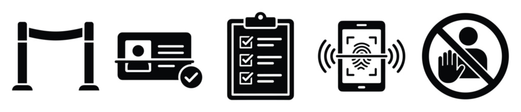 Essential security access control icons depicting digital authentication and restricted entry for public and private spaces