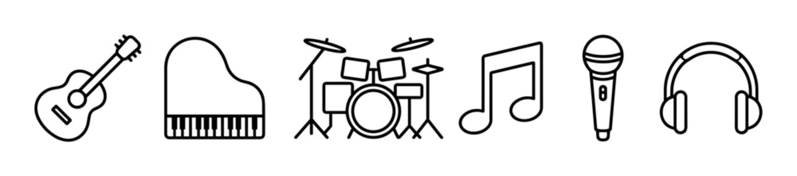 Set of black line music icons including a guitar, piano, drum kit, musical note, microphone, and headphones arranged in a row in a simple, clean, minimalist outline style
