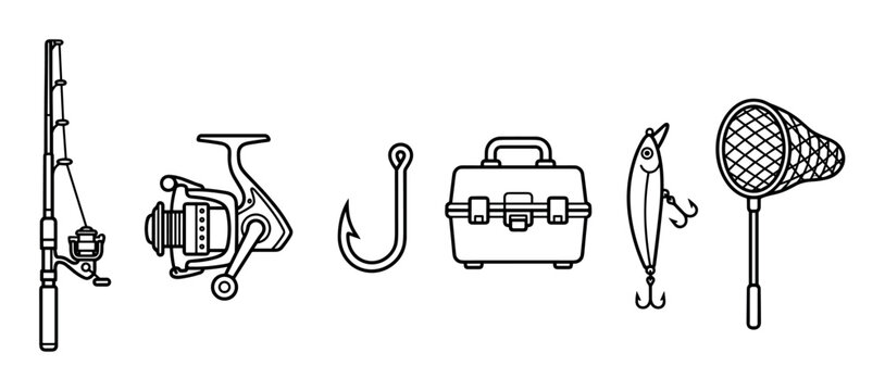 Set of black line fishing equipment icons including a rod, reel, hook, tackle box, lure, and net in a minimalist graphic style for hobby and sport concepts