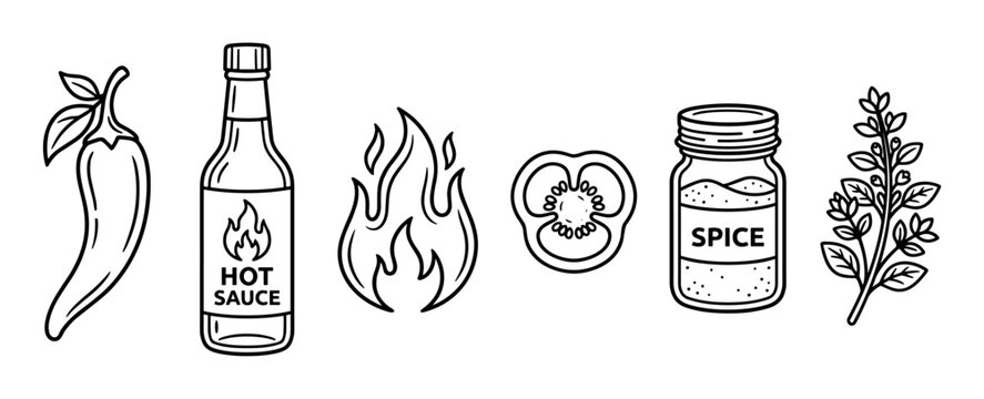 Set of black and white line art icons representing spicy food ingredients, including a chili pepper, hot sauce, flame symbol, pepper slice, spice jar, and herb sprig
