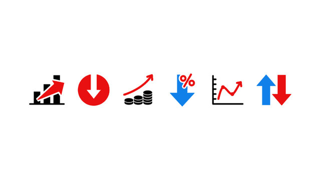 Business icons with upward and downward trends, charts, and analytics symbols.