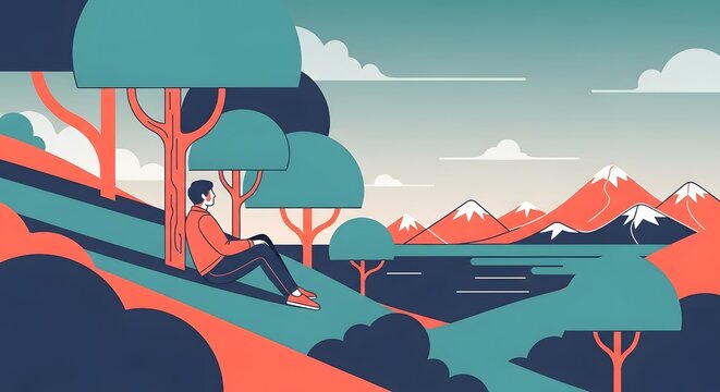 Minimalist flat illustration of a man sitting under a tree. Mindfulness and peaceful solitude. Person relaxing on a hillside overlooking a serene mountain lake and snowy peaks