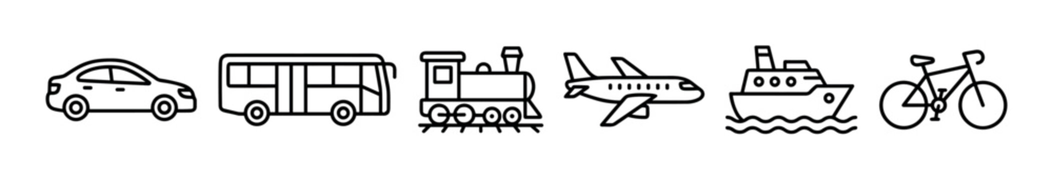 Set of black line art transportation icons including a car, bus, train, airplane, ship, and bicycle in a simple minimalist doodle style arranged in a horizontal row