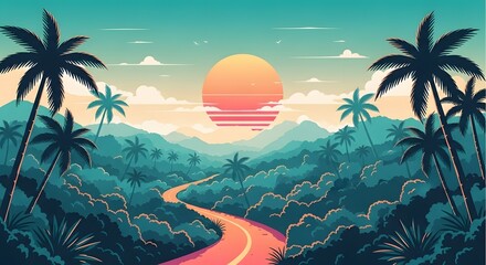Obraz premium Retro 80s style tropical jungle with a striped sunset. Synthwave aesthetics and nostalgic vibes. Winding road through a dense neon forest of palm trees and mountains
