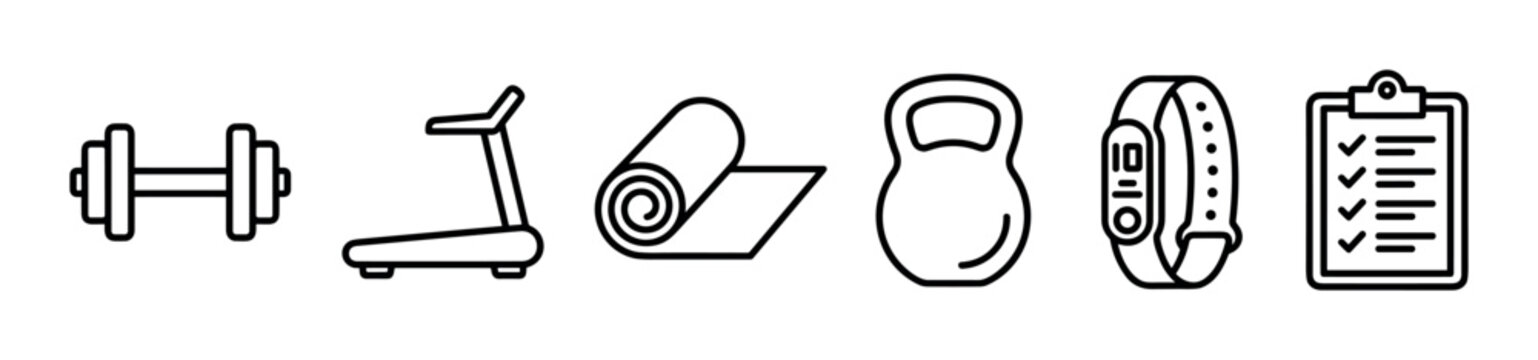 Set of black line art gym icons including a dumbbell, treadmill, yoga mat, kettlebell, fitness tracker, and a clipboard for workout planning and progress tracking