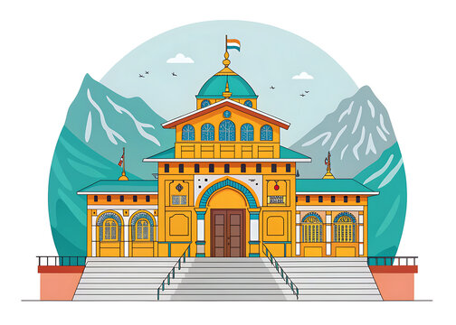 Minimal illustration of Badrinath Temple colorful shrine
