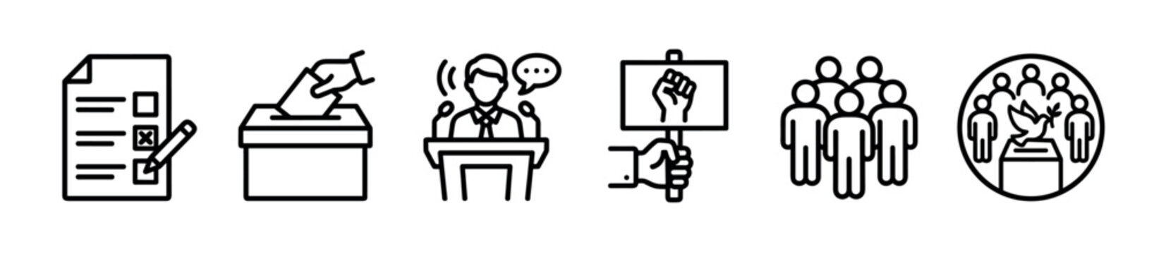 Set of black and white line art icons for politics and elections, featuring a ballot, voting box, speaker, protest fist, crowd, and a peace dove symbol for civic engagement