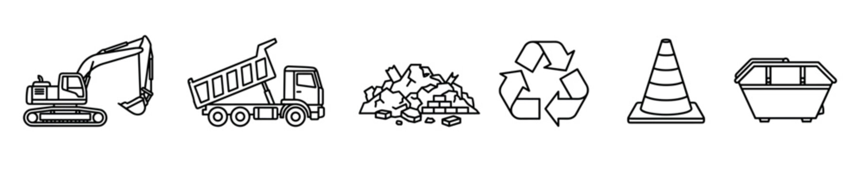 Construction and demolition waste icon set featuring an excavator, dump truck, rubble, recycling symbol, traffic cone, and skip bin in a minimal black outline style