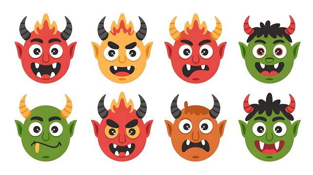 Collection of eight cartoon devil face stickers featuring various colors, horns, sharp teeth, and expressions