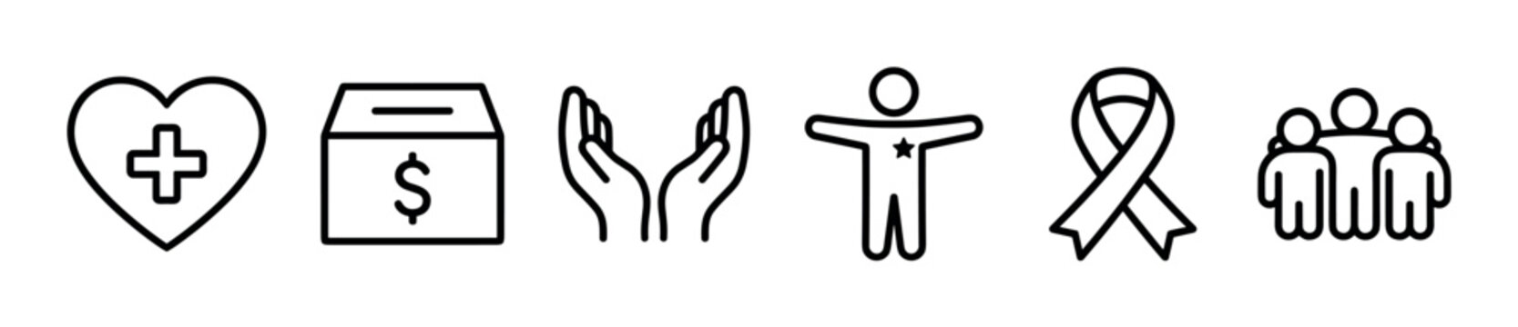 Set of black line icons for charity and donation, featuring a heart, money box, helping hands, volunteer figure, awareness ribbon, and community symbol in a minimalist outline style