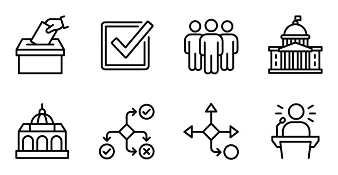 Set of black line icons for election and government themes, including a ballot box, checkmark, people, capitol building, and a speaker at a podium, representing voting and democracy