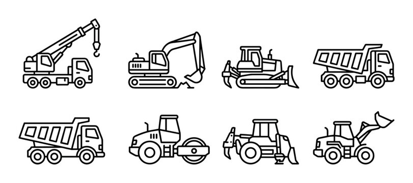 Set of construction machinery vehicle line icons showing a crane, excavator, bulldozer, dump truck, road roller, and loader in a minimalist black and white vector illustration