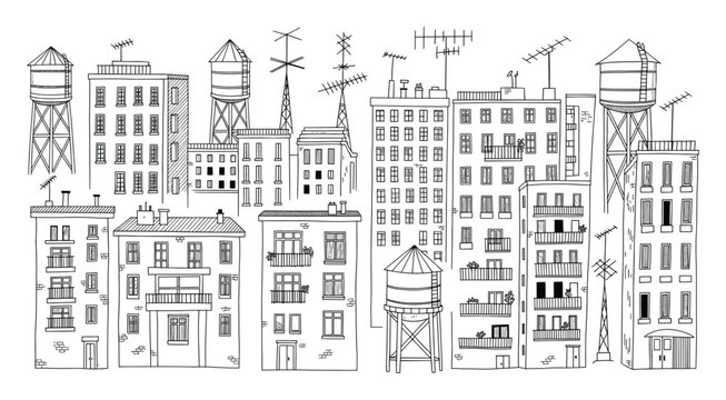 Outline sketch of a bustling metropolitan skyline with various residential buildings water tanks and television antennas for city themed graphic projects and educational materials