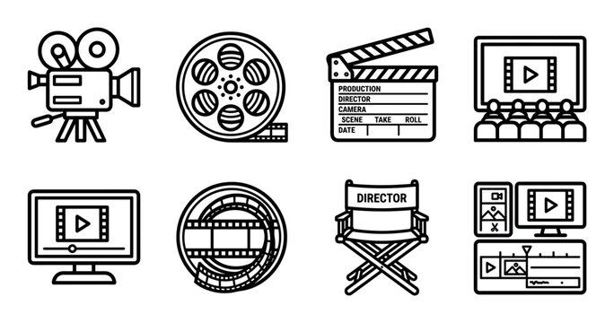 Set of black line art icons for filmmaking and cinema production, including a camera, film reel, clapperboard, director chair, and video editing symbols in a simple graphic style