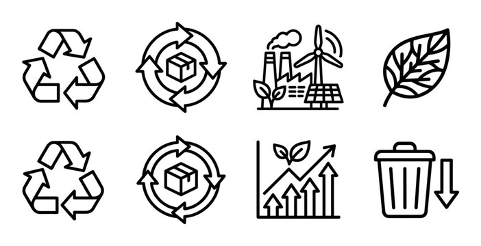 Set of black line icons representing ecology and sustainability, including recycling symbols, renewable energy sources, a green leaf, and a waste reduction graphic
