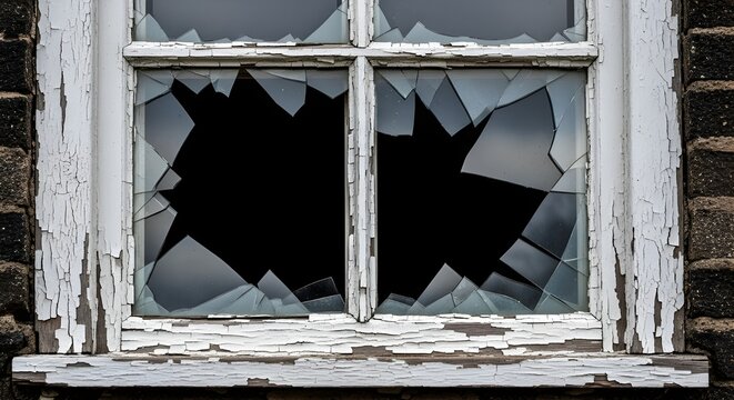 Shattered window frame a study in decay and urban neglect