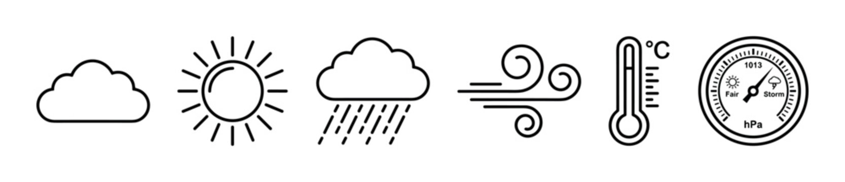 Set of weather forecast line icons showing sun, cloud, rain, wind, thermometer, and barometer for meteorological reports and climate prediction in a minimalist graphic style