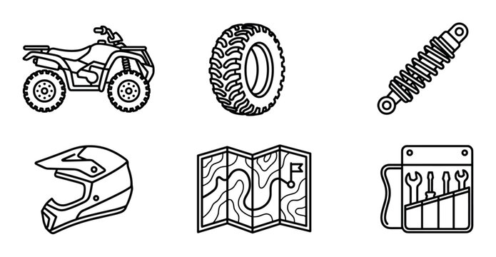 Collection of six ATV quad bike line art icons showing the vehicle, an off-road tire, suspension, a helmet, a route map, and a set of repair tools for adventure