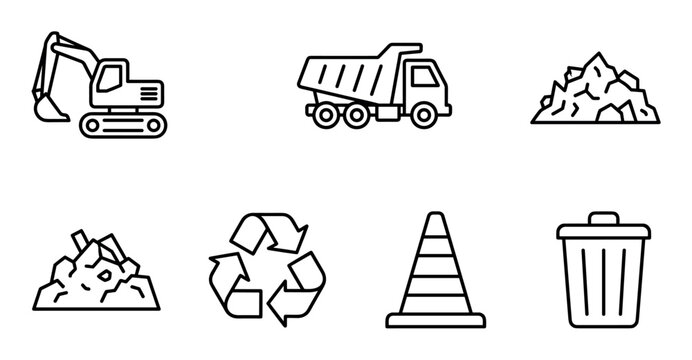 Seven black and white line art icons representing construction and waste management, featuring an excavator, dump truck, rubble, recycling symbol, traffic cone, and trash can