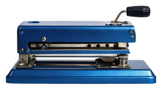 Blue manual paper punch machine with handle on transparent background
