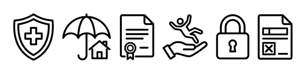 Obraz premium Set of black line icons representing insurance concepts like health protection, property safety, policy documents, accident coverage, security, and claim forms in a minimalist style
