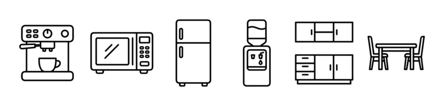Collection of simple kitchen appliance icons in a minimalist line art style, featuring a coffee maker, microwave, fridge, water dispenser, cabinets, and a dining set