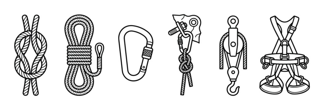 Set of climbing and mountaineering equipment icons featuring a rope, knot, carabiner, pulley, and safety harness in a minimalist black and white line art illustration