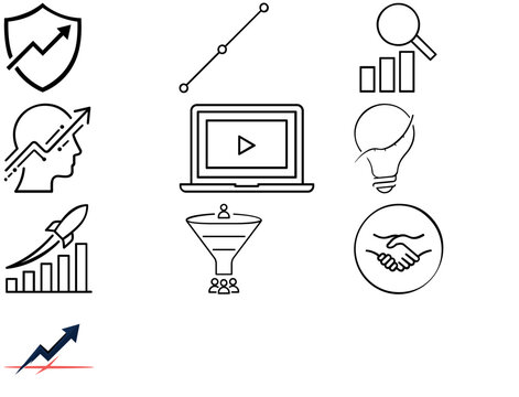 Tech startup funding vector icon set featuring 10 flat minimalist illustrations of venture capital investment, financial growth, business strategy, wealth generation, and corporate success concepts.